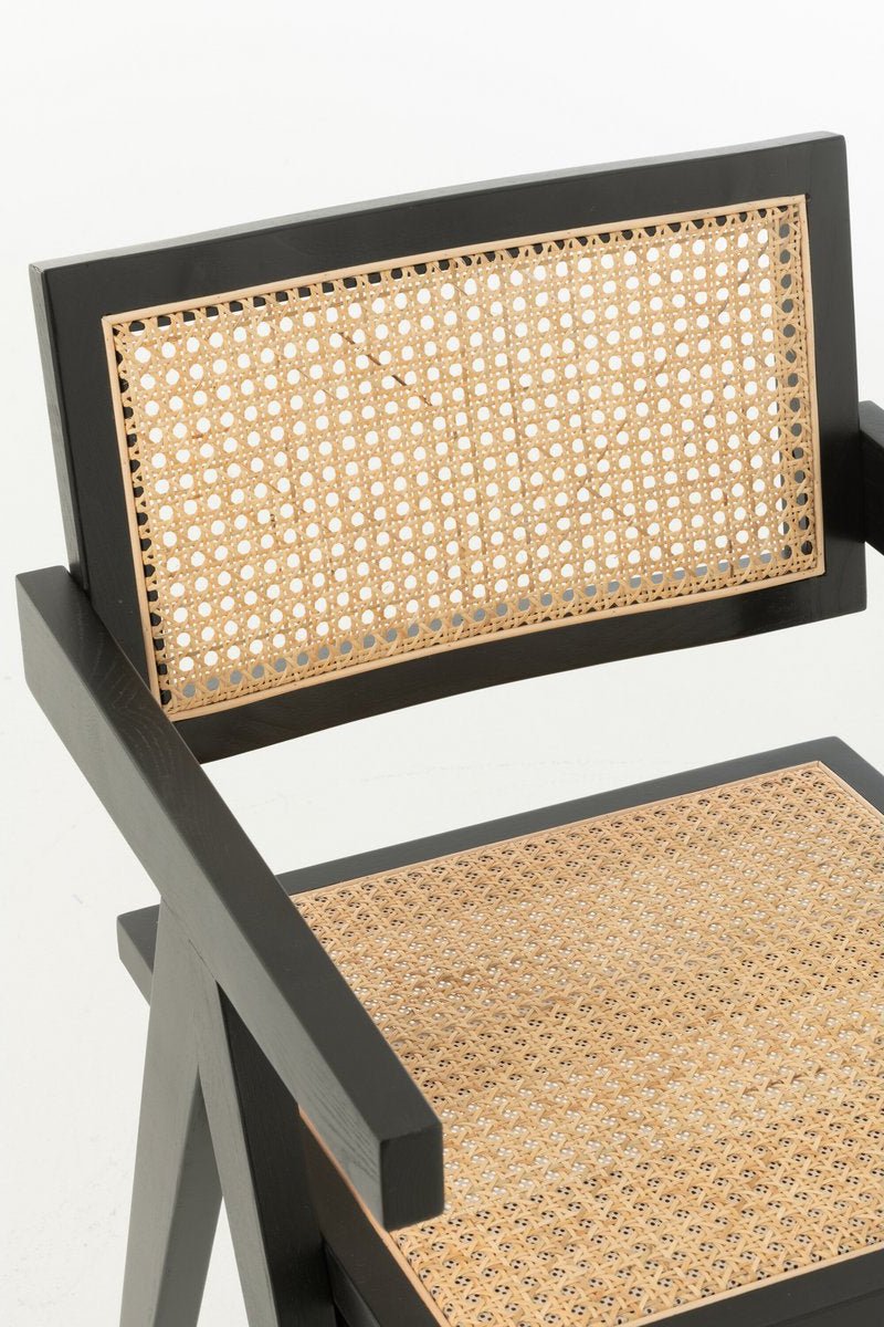 Zwarte Houten Eetkamerstoel met Rotan – Japandi Boho Stijl - Studio Botanika