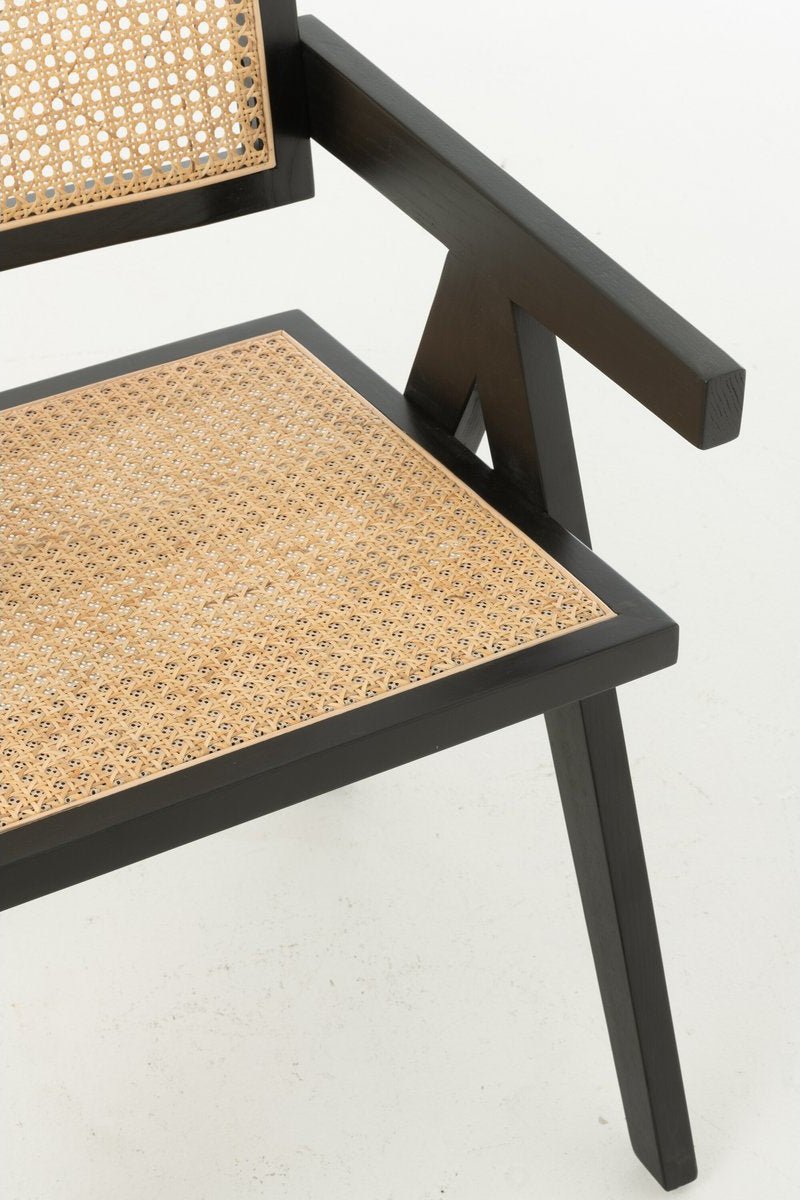 Zwarte Houten Eetkamerstoel met Rotan – Japandi Boho Stijl - Studio Botanika