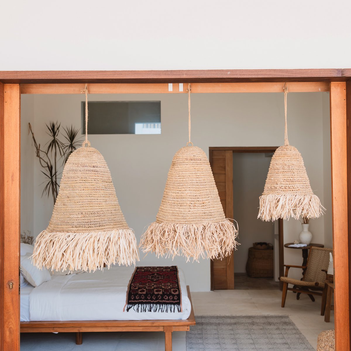 Raffia Hanglamp met Lange Franjes - Boho & Japandi Stijl - Studio Botanika