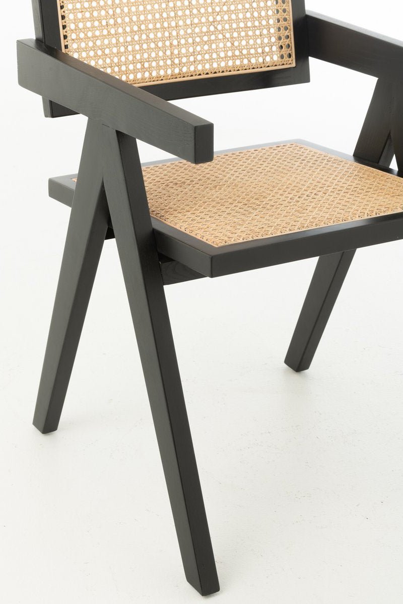 Zwarte Houten Eetkamerstoel met Rotan – Japandi Boho Stijl - Studio Botanika