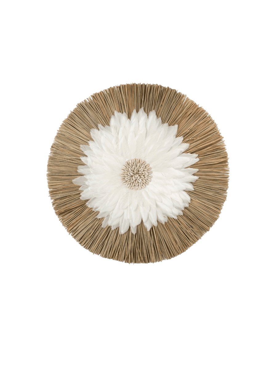 Boho Wanddecoratie Rond – Zeegras & Witte Veren Bloem 55cm | Handgemaakt - Studio Botanika