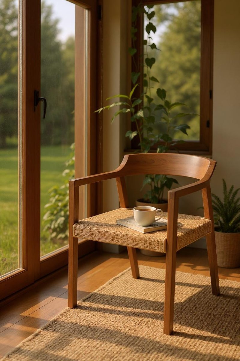 Teakhouten Eetkamerstoel met Rotan – Bruin – Japandi & Boho Interieur - Studio Botanika