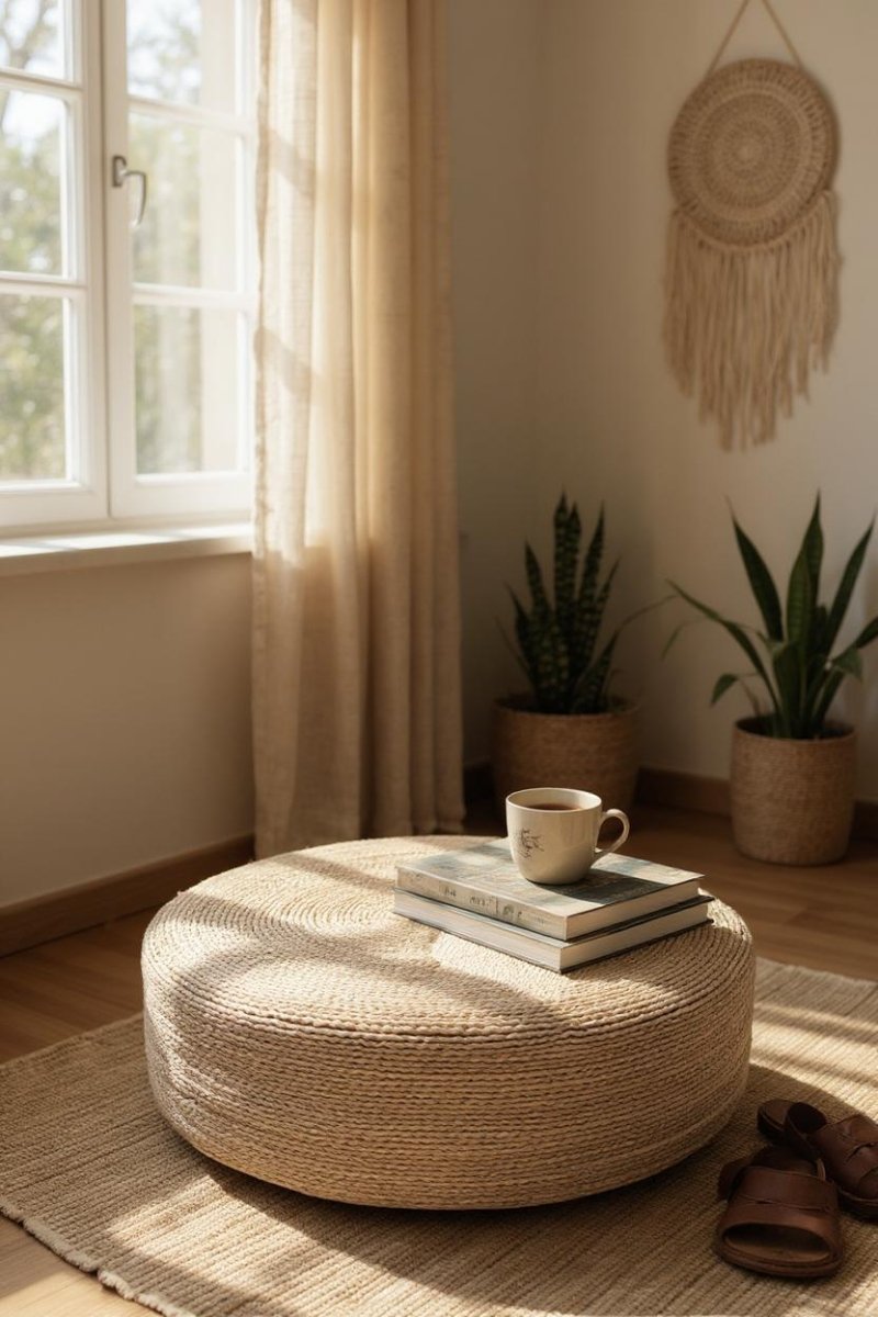 Grote Zeegras Poef Ø100cm – Boho Poef & Salontafel – Handgemaakt - Studio Botanika