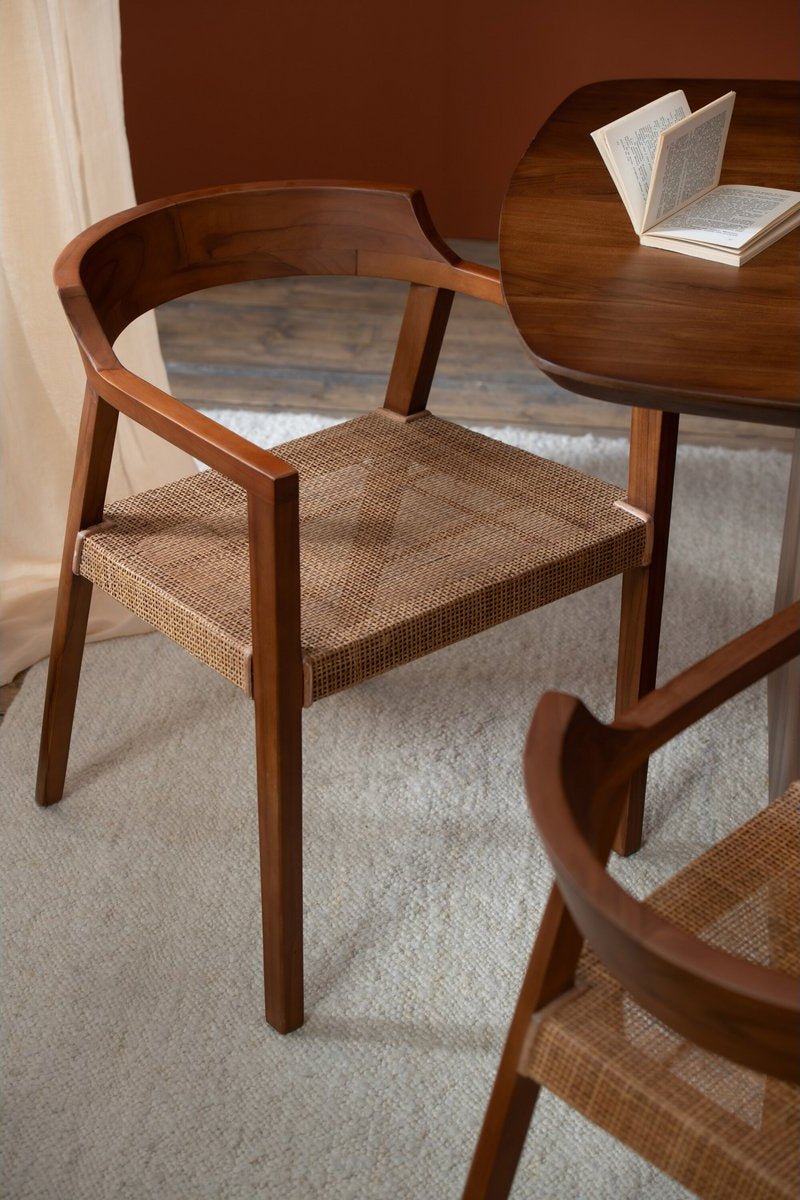 Teakhouten Eetkamerstoel met Rotan – Bruin – Japandi & Boho Interieur - Studio Botanika