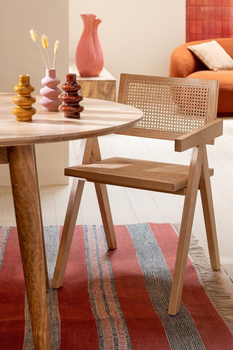 Houten Eetkamerstoel Naturel met Rotan – Boho Japandi Stijl - Studio Botanika