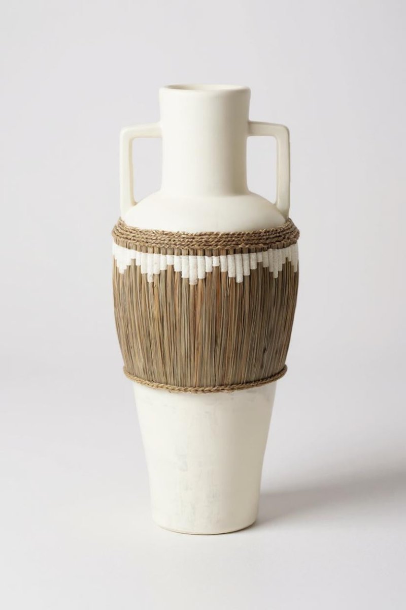 Keramieken Witte Vloervaas met Handvatten 100 cm – Wit/Gras - Boho - Studio Botanika