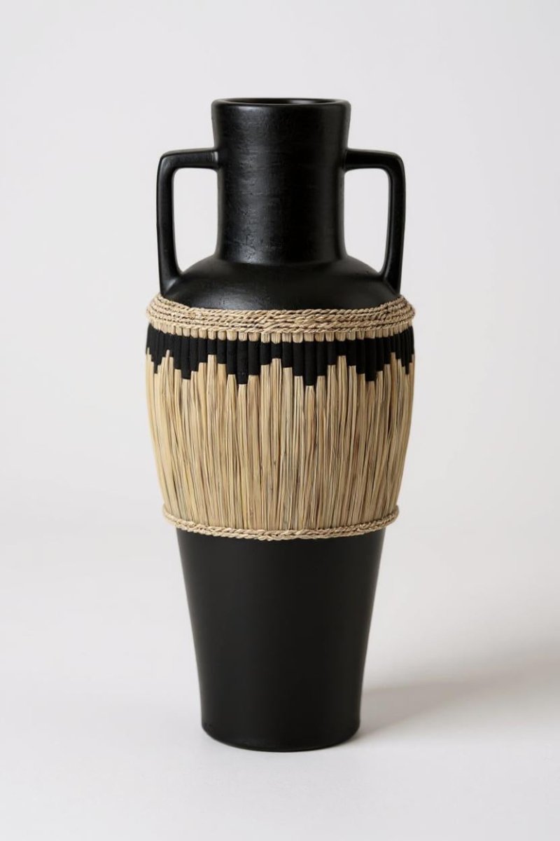 Keramieken Zwarte Vloervaas met Handvatten 100 cm – Zwart/Gras - Boho - Studio Botanika