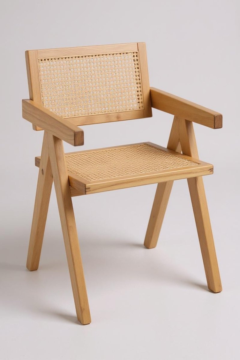 Houten Eetkamerstoel Naturel met Rotan – Boho Japandi Stijl - Studio Botanika