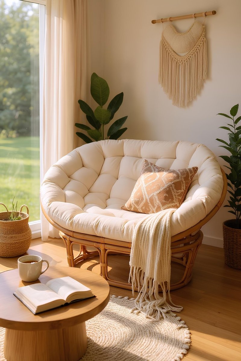 Rotan Sofa Met Wit Kussen - Rotan Bank Boho Stijl - Studio Botanika