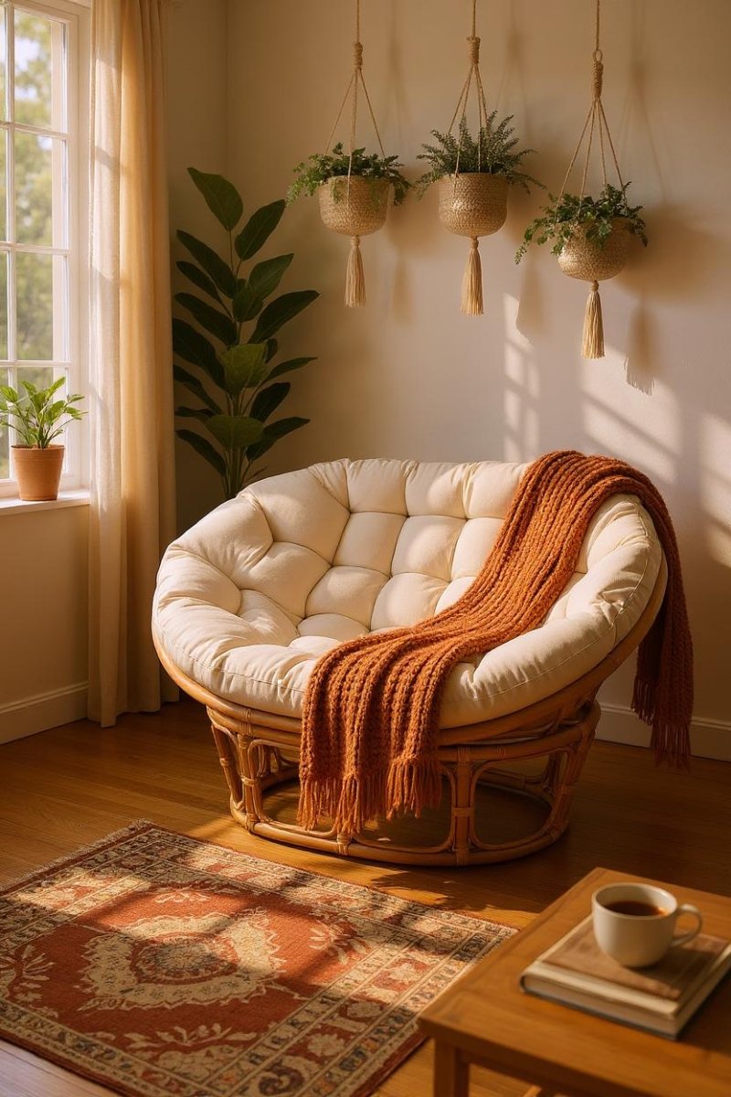 Rotan Sofa Met Wit Kussen - Rotan Bank Boho Stijl - Studio Botanika