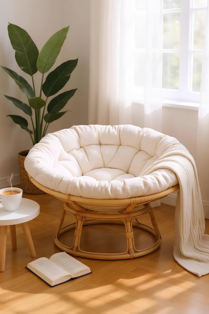 Rotanlook Loungestoel Naturel met Wit Kussen - Boho Stijl - Studio Botanika