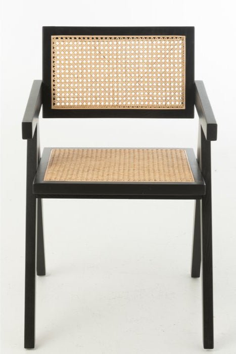Zwarte Houten Eetkamerstoel met Rotan – Japandi Boho Stijl - Studio Botanika