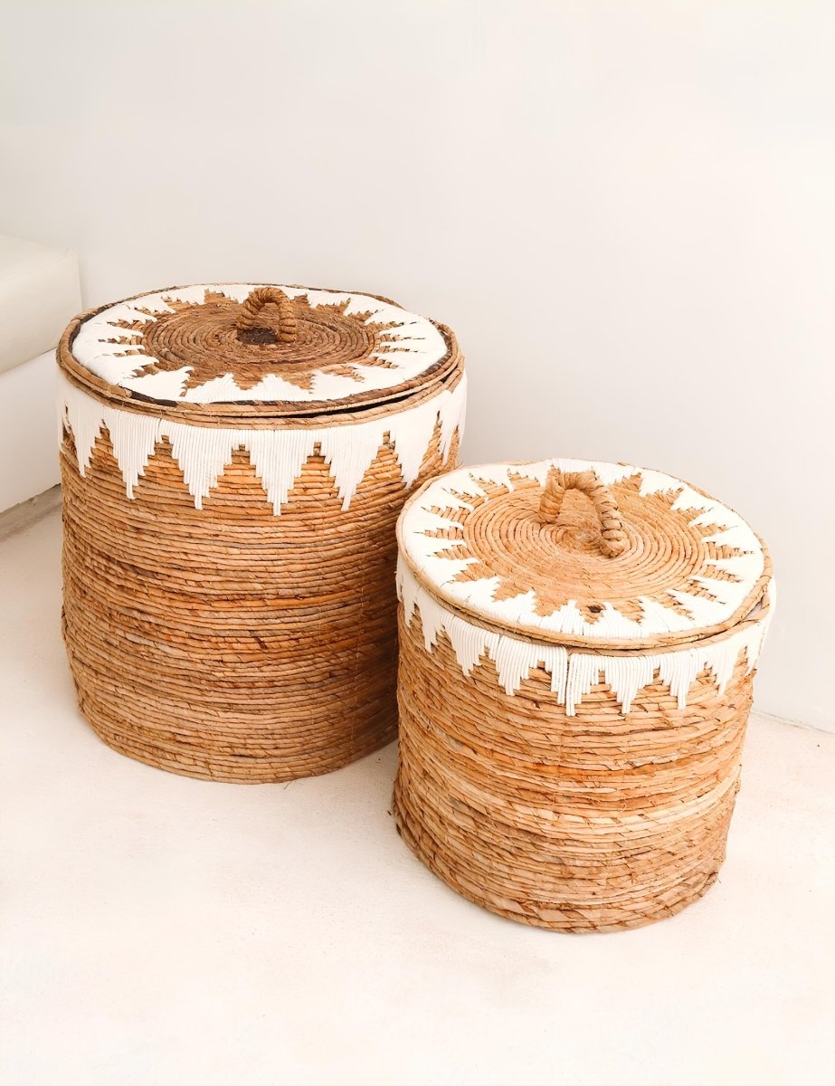 Boho Rieten Wasmand / Opbergmand met Wit Macramé