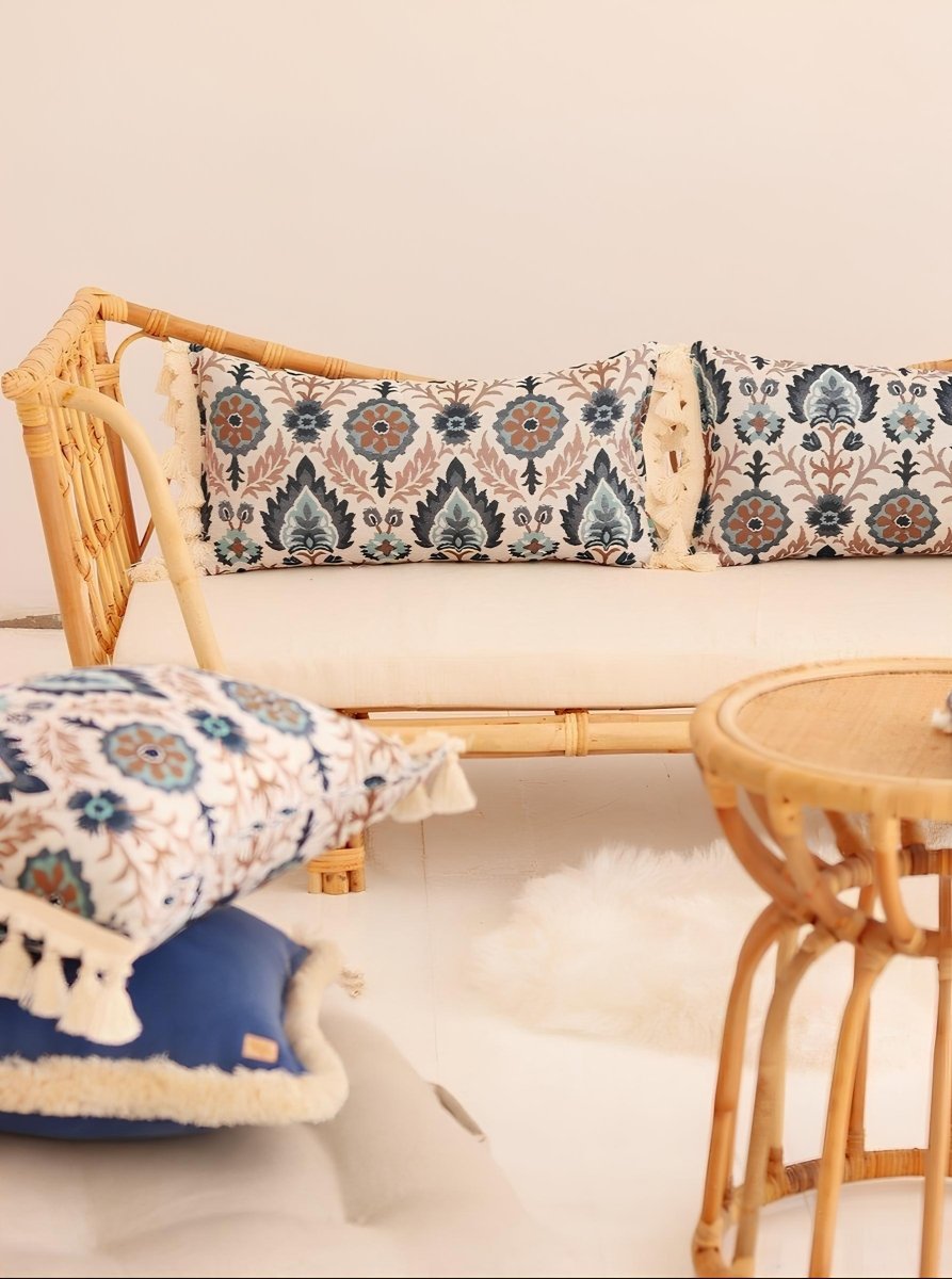 Boho Sierkussen Rechthoekig met Bloemenpatroon - Blauw