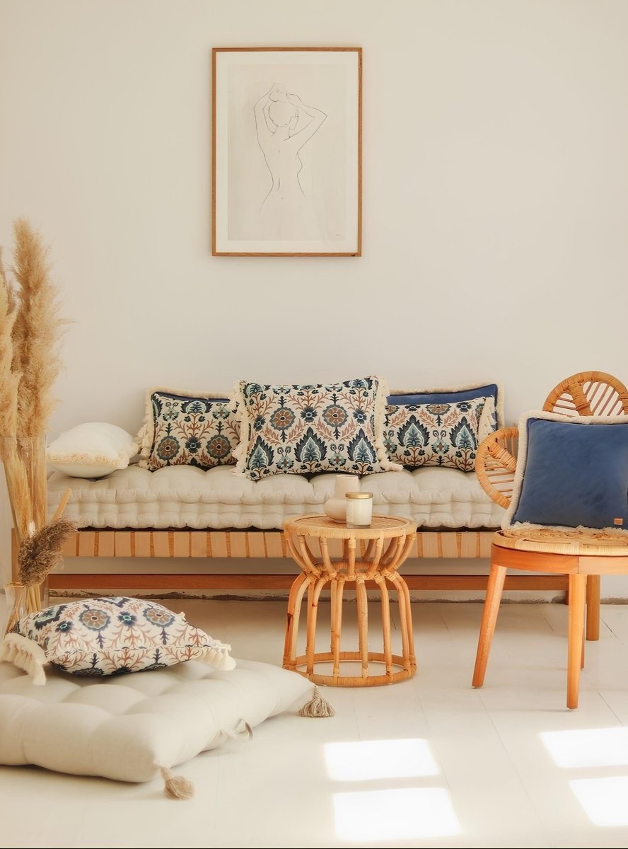 Boho Sierkussen Rechthoekig met Bloemenpatroon - Blauw