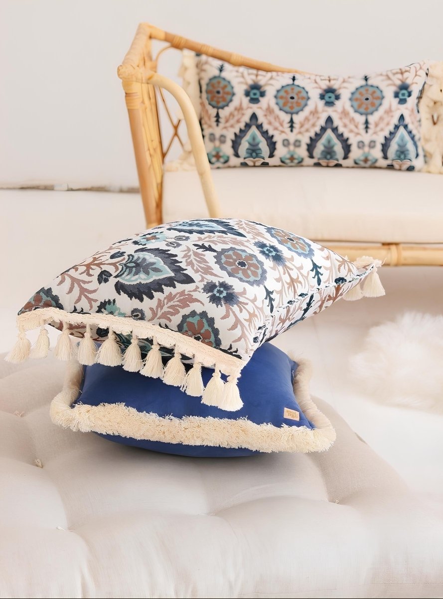 Boho Sierkussen Rechthoekig met Bloemenpatroon - Blauw