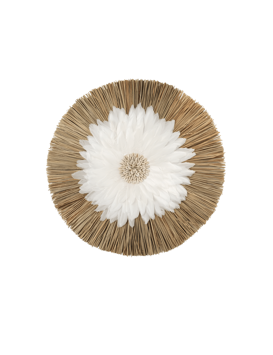 Boho Wanddecoratie Rond – Zeegras & Witte Veren Bloem