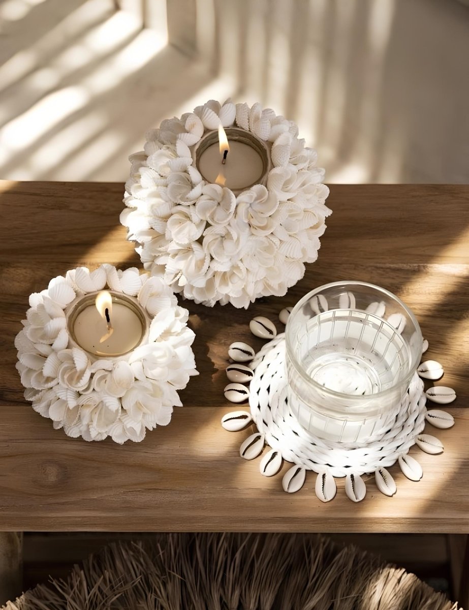 Boho Zeegras Onderzetter met Schelpen - Wit
