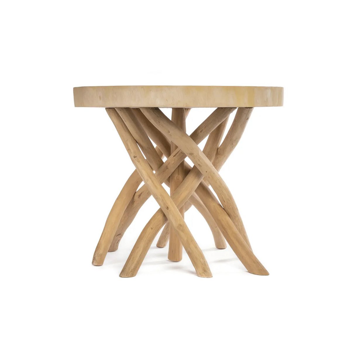 Teakhouten Ronde Tafel – Handgemaakte Tafel met Natuurlijke Boom Potenstam - Studio Botanika