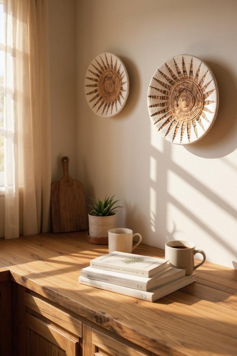 Boho Handgeweven Wanddecoratie Schalen - Wit Zonpatroon - Bananenvezel - Set van 2 - Studio Botanika