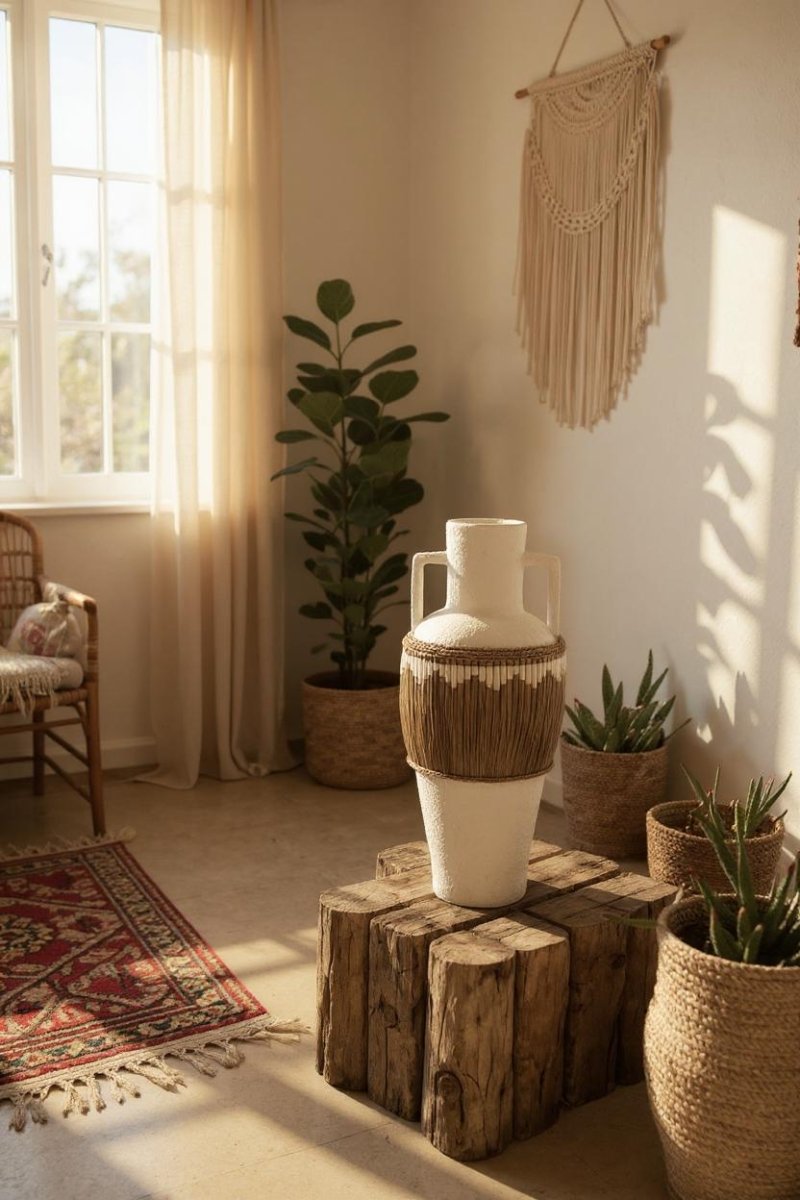 Keramieken Witte Vloervaas met Handvatten 100 cm – Wit/Gras - Boho - Studio Botanika
