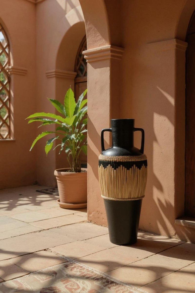 Keramieken Zwarte Vloervaas met Handvatten 100 cm – Zwart/Gras - Boho - Studio Botanika