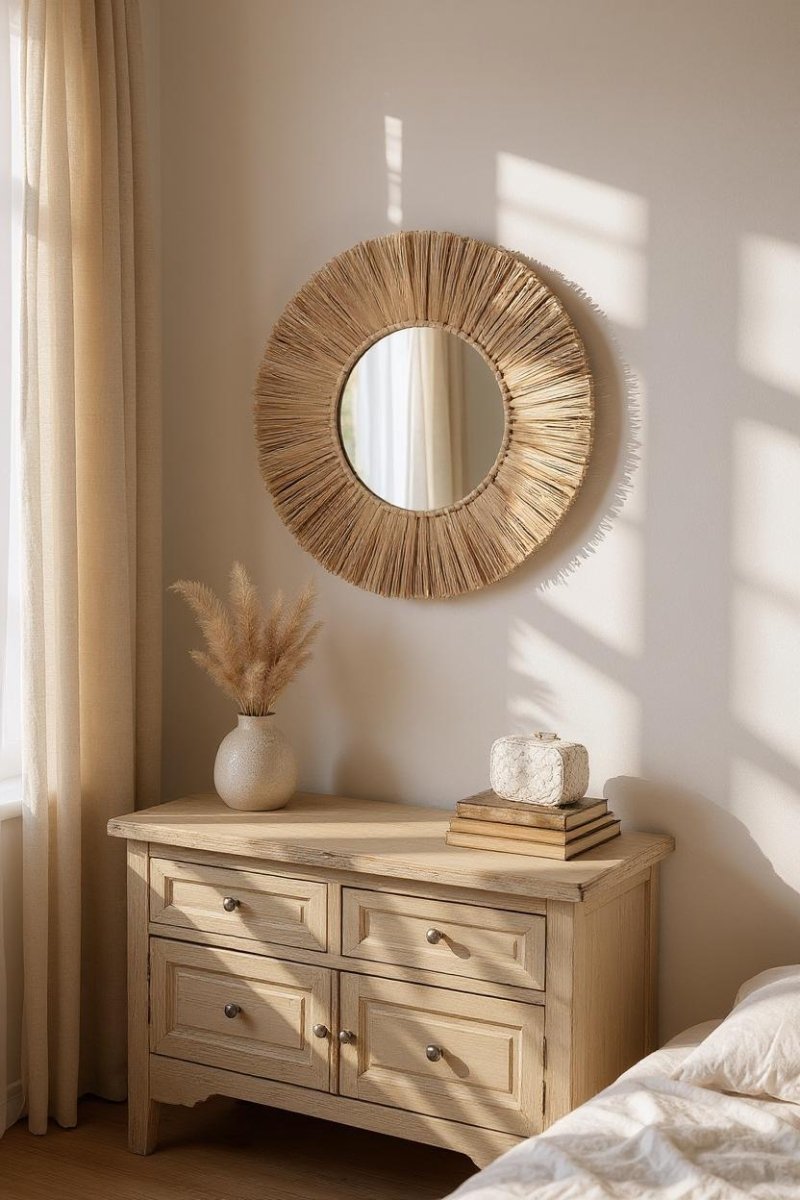 Ronde Boho Spiegel Wanddecoratie – Handgeweven Zeegras & Rotan - Boho interieur - Studio Botanika
