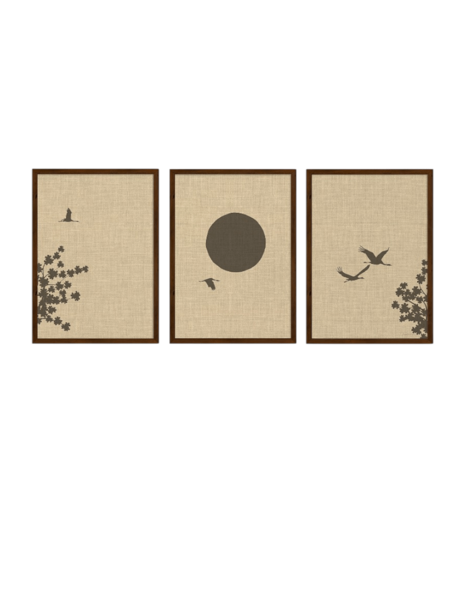 Drieluik Japandi Poster – Japanse Bloesemboom, Zon en Vogels