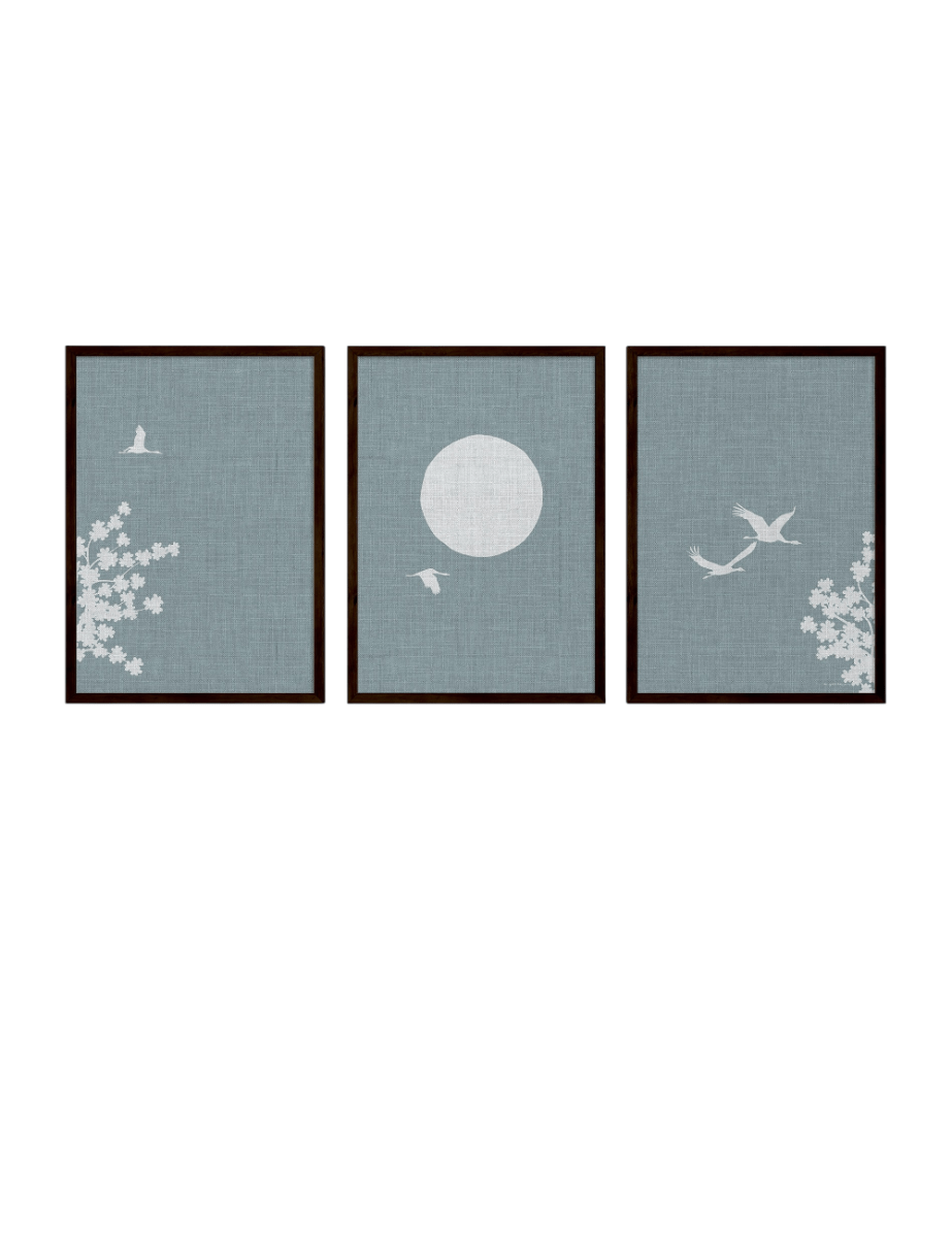 Drieluik Japandi Poster – Japanse Bloesemboom, Zon en Vogels