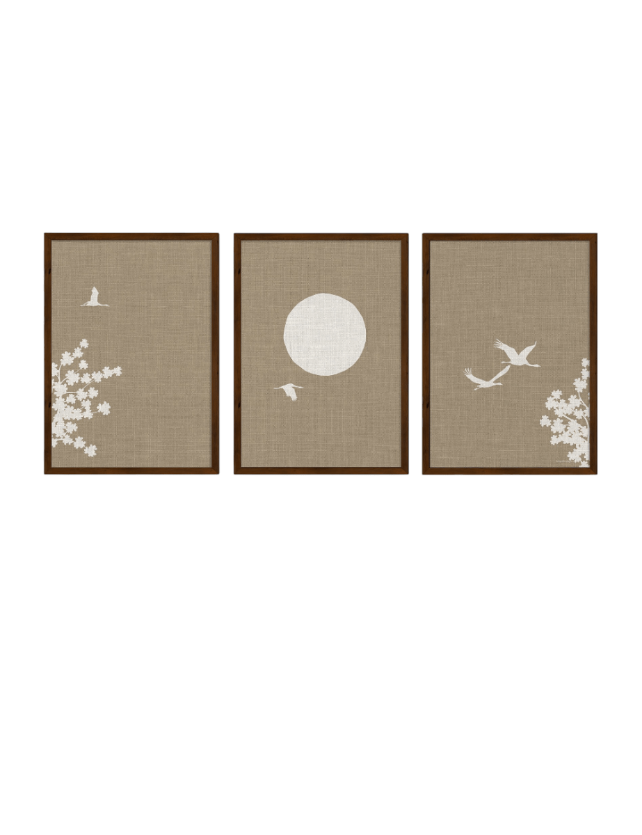 Drieluik Japandi Poster – Japanse Bloesemboom, Zon en Vogels