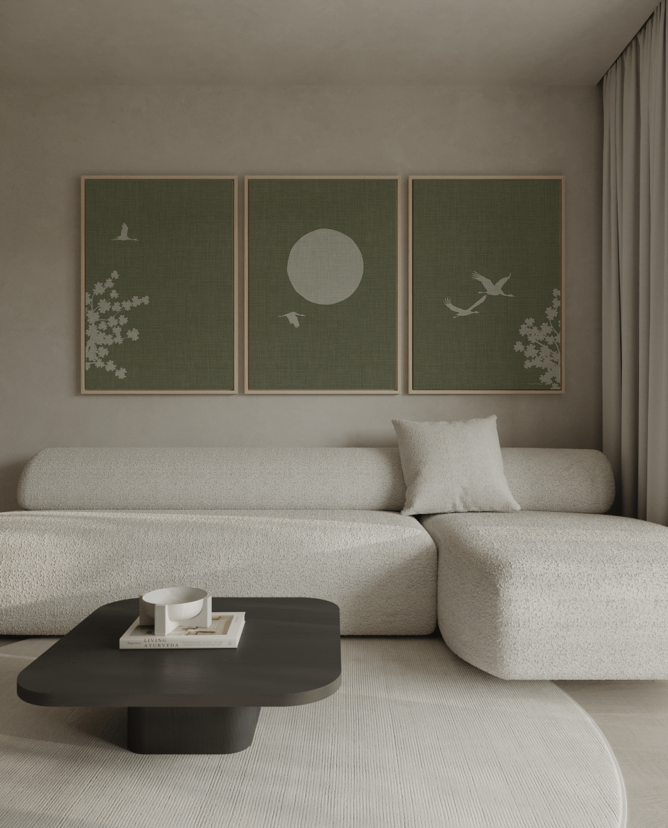 Drieluik Japandi Poster – Japanse Bloesemboom, Zon en Vogels