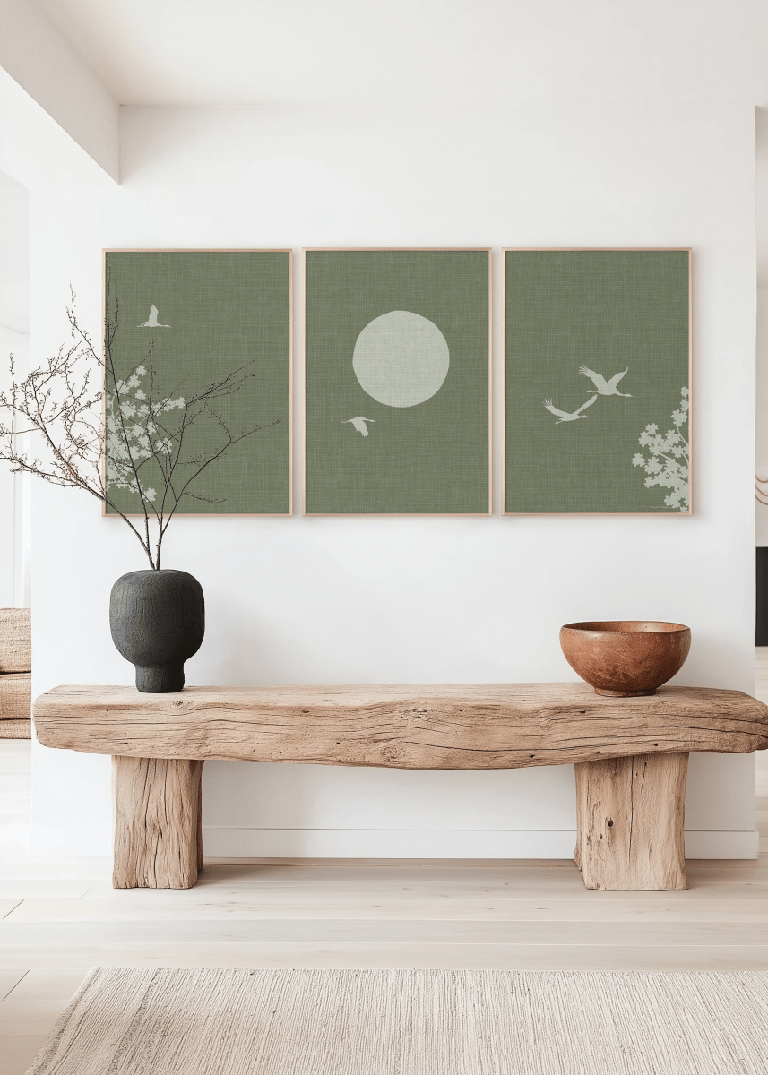 Drieluik Japandi Poster – Japanse Bloesemboom, Zon en Vogels