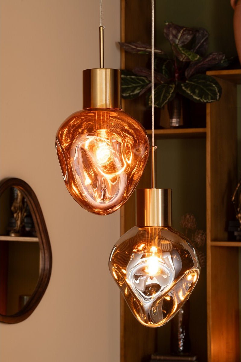 Gouden Hanglamp met Grijs Glas – Elegant Design voor Modern & Japandi Interieur