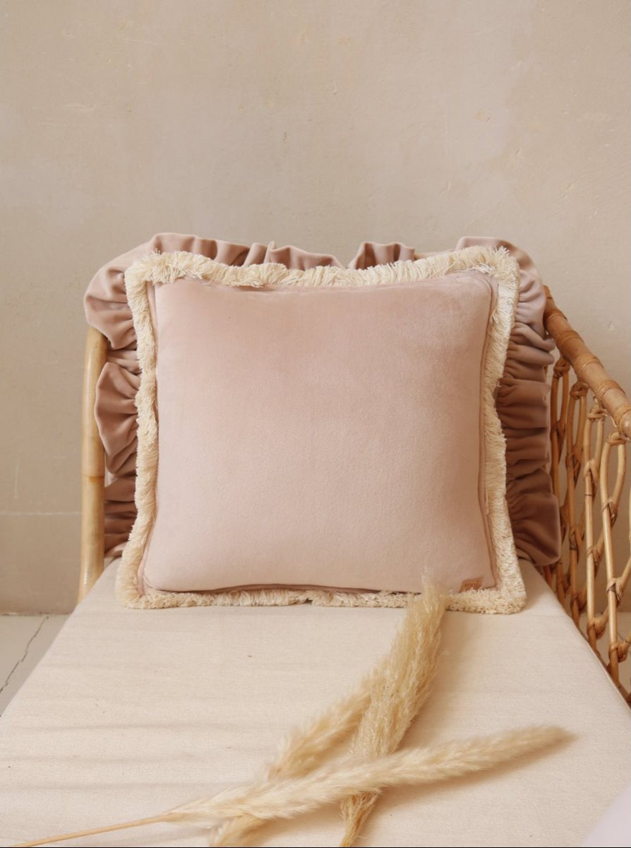 Fluwelen Sierkussen met Franjes - Beige/Roze