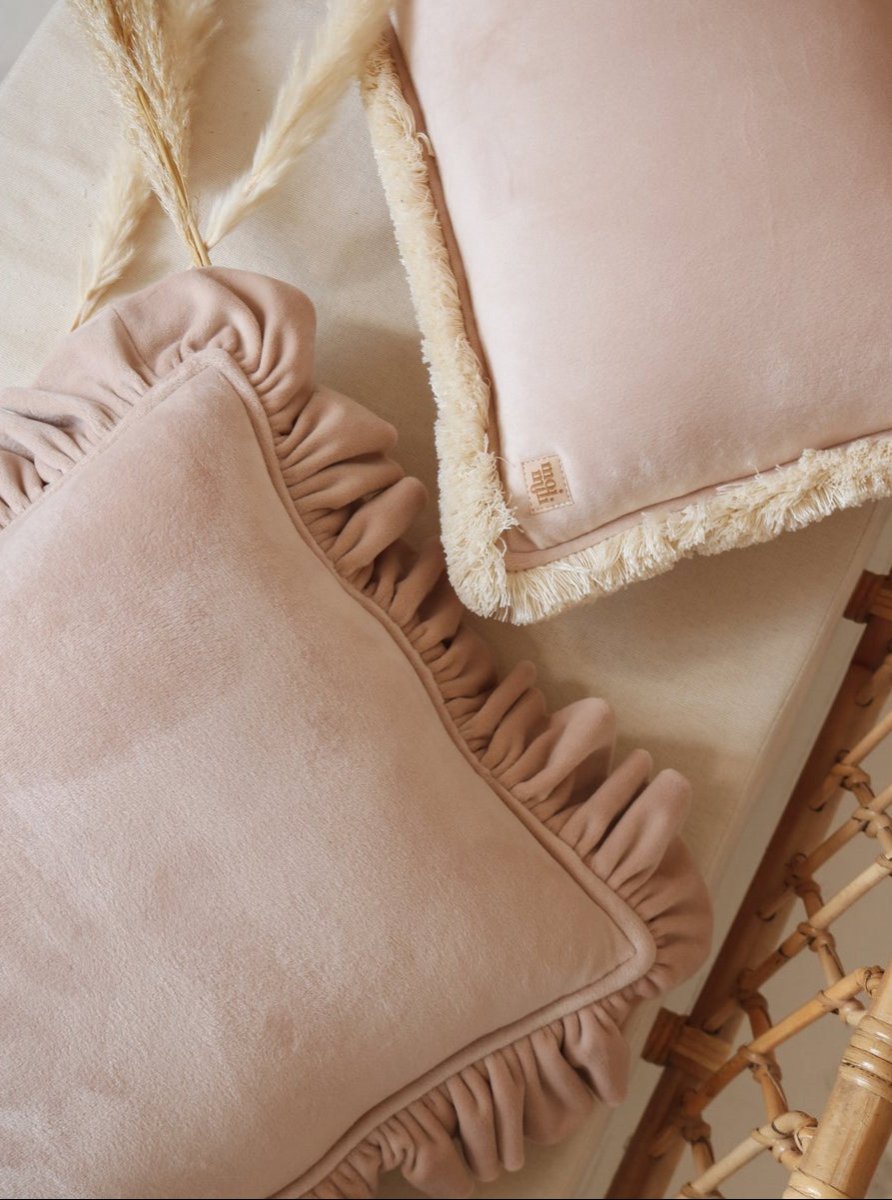 Fluwelen Sierkussen Rechthoekig met Franjes - Beige/Roze