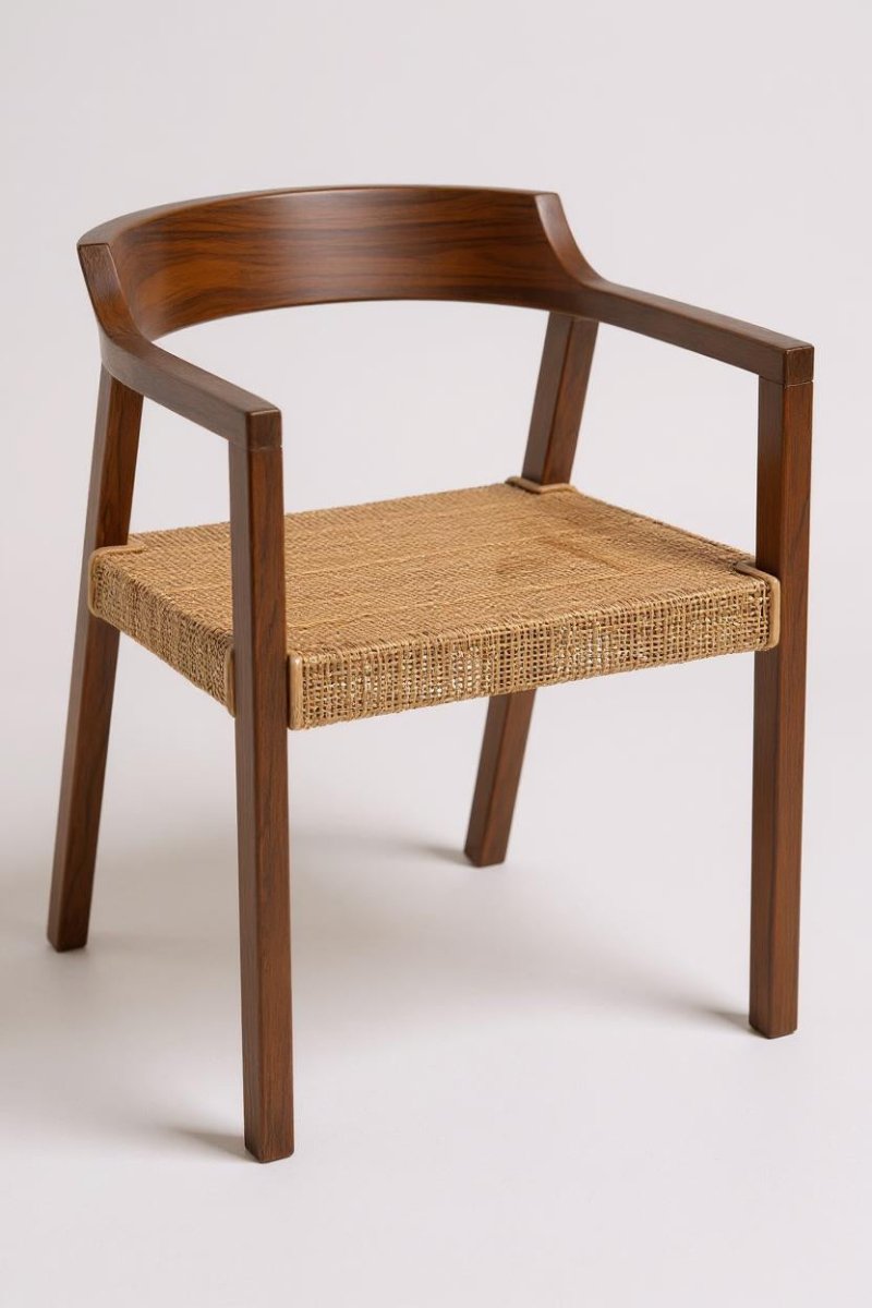 Teakhouten Eetkamerstoel met Rotan – Bruin – Japandi & Boho Interieur - Studio Botanika