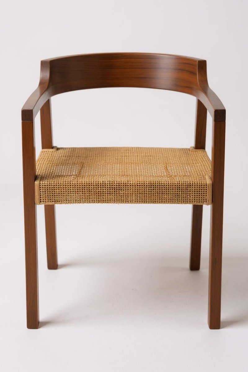 Teakhouten Eetkamerstoel met Rotan – Bruin – Japandi & Boho Interieur - Studio Botanika