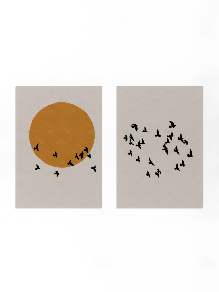 Japandi Poster Tweeluik – Zon en Vogels Wanddecoratie