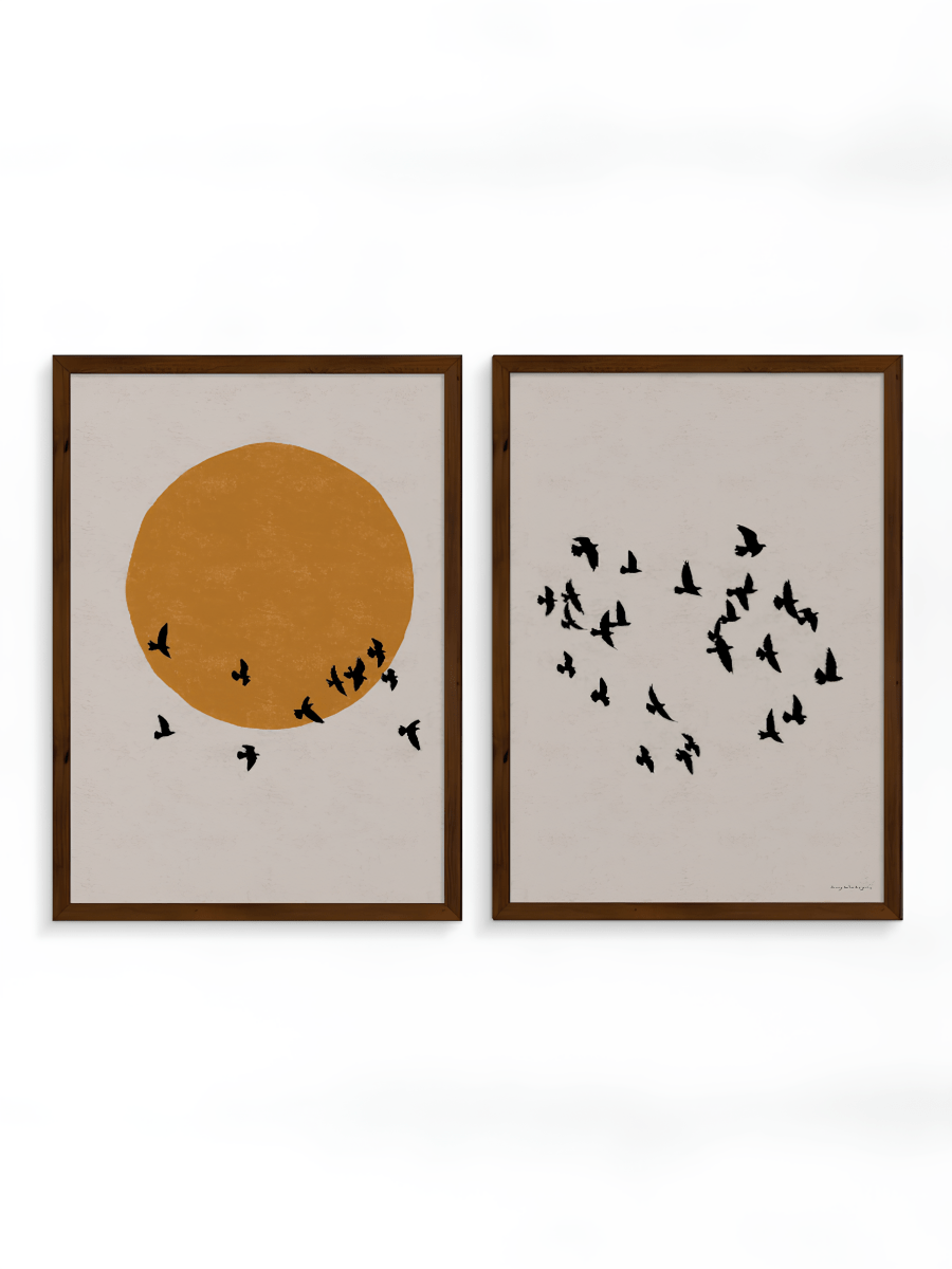 Japandi Poster Tweeluik – Zon en Vogels Wanddecoratie