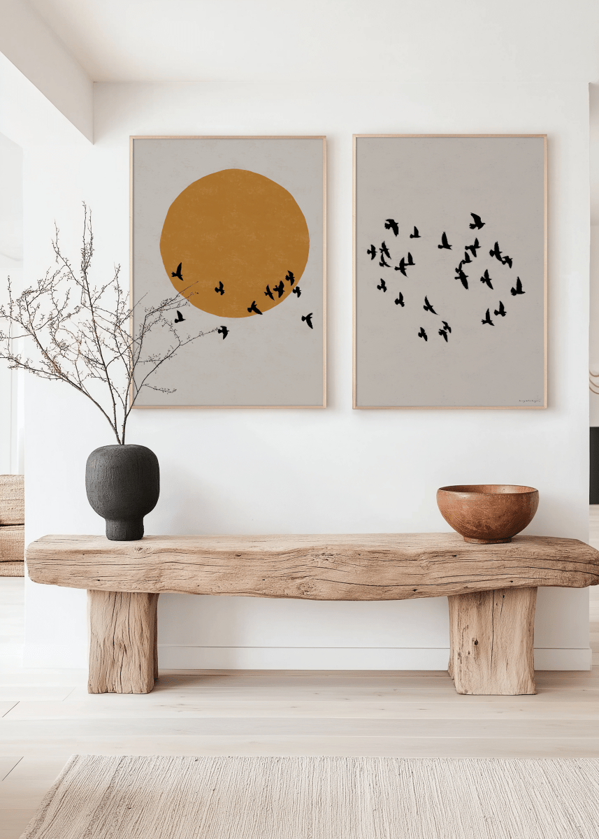 Japandi Poster Tweeluik – Zon en Vogels Wanddecoratie
