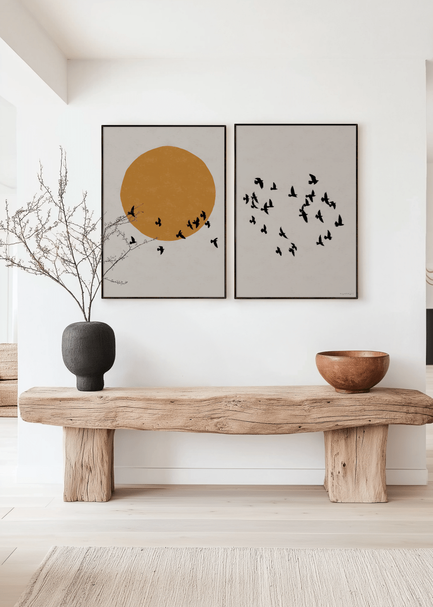 Japandi Poster Tweeluik – Zon en Vogels Wanddecoratie