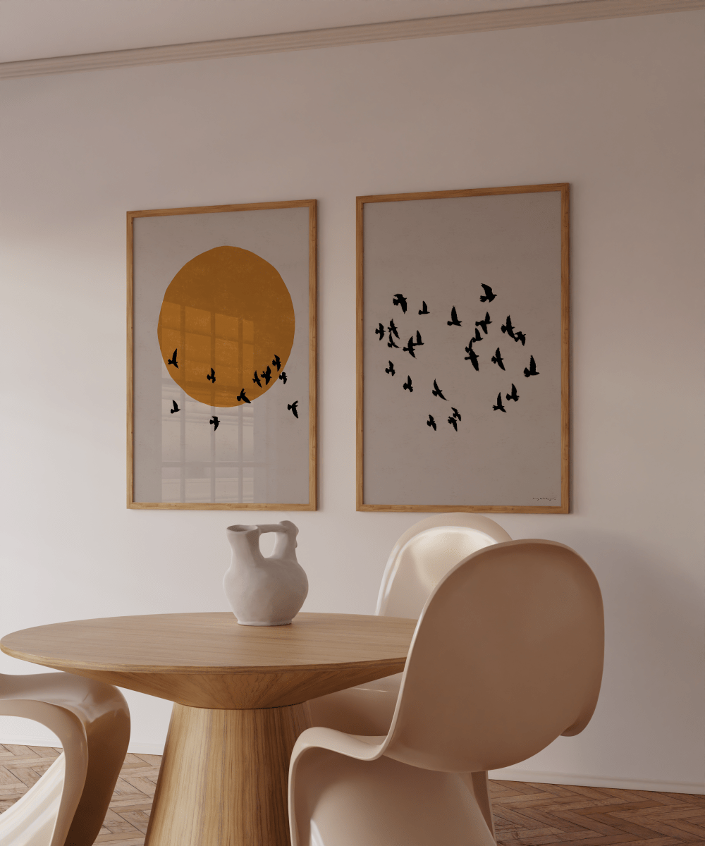 Japandi Poster Tweeluik – Zon en Vogels Wanddecoratie