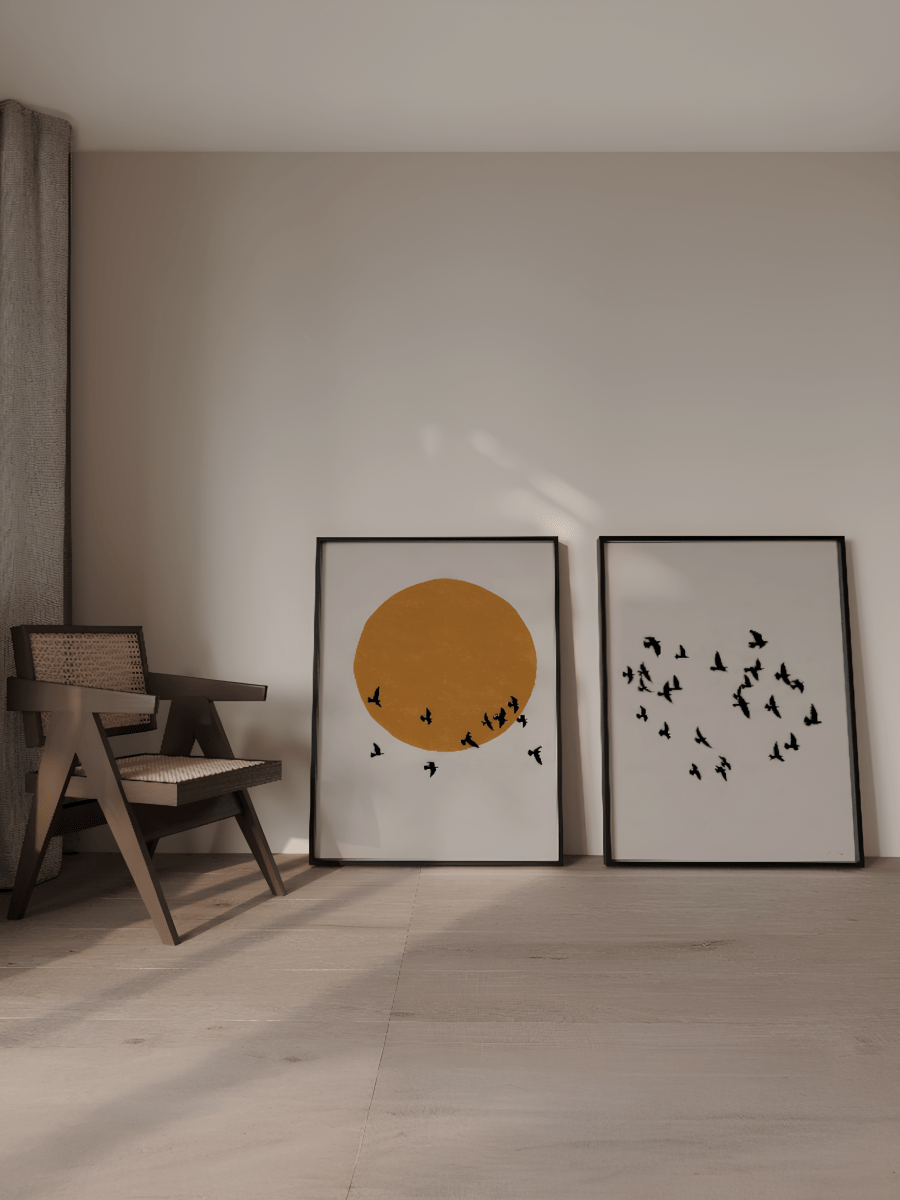 Japandi Poster Tweeluik – Zon en Vogels Wanddecoratie