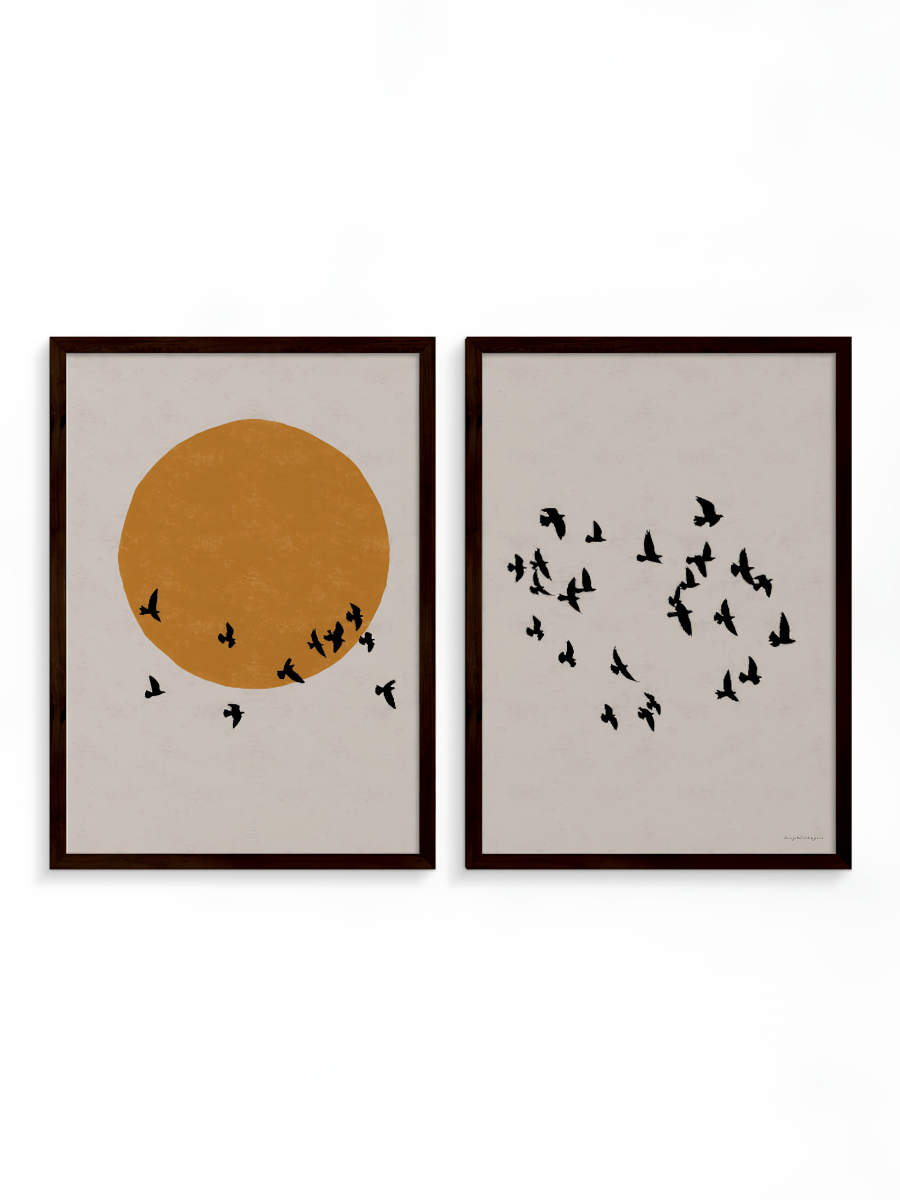 Japandi Poster Tweeluik – Zon en Vogels Wanddecoratie