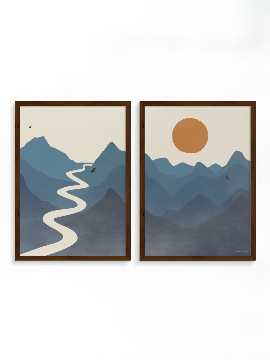 Japandi Tweeluik Poster – Rivier, Bergen & Zon