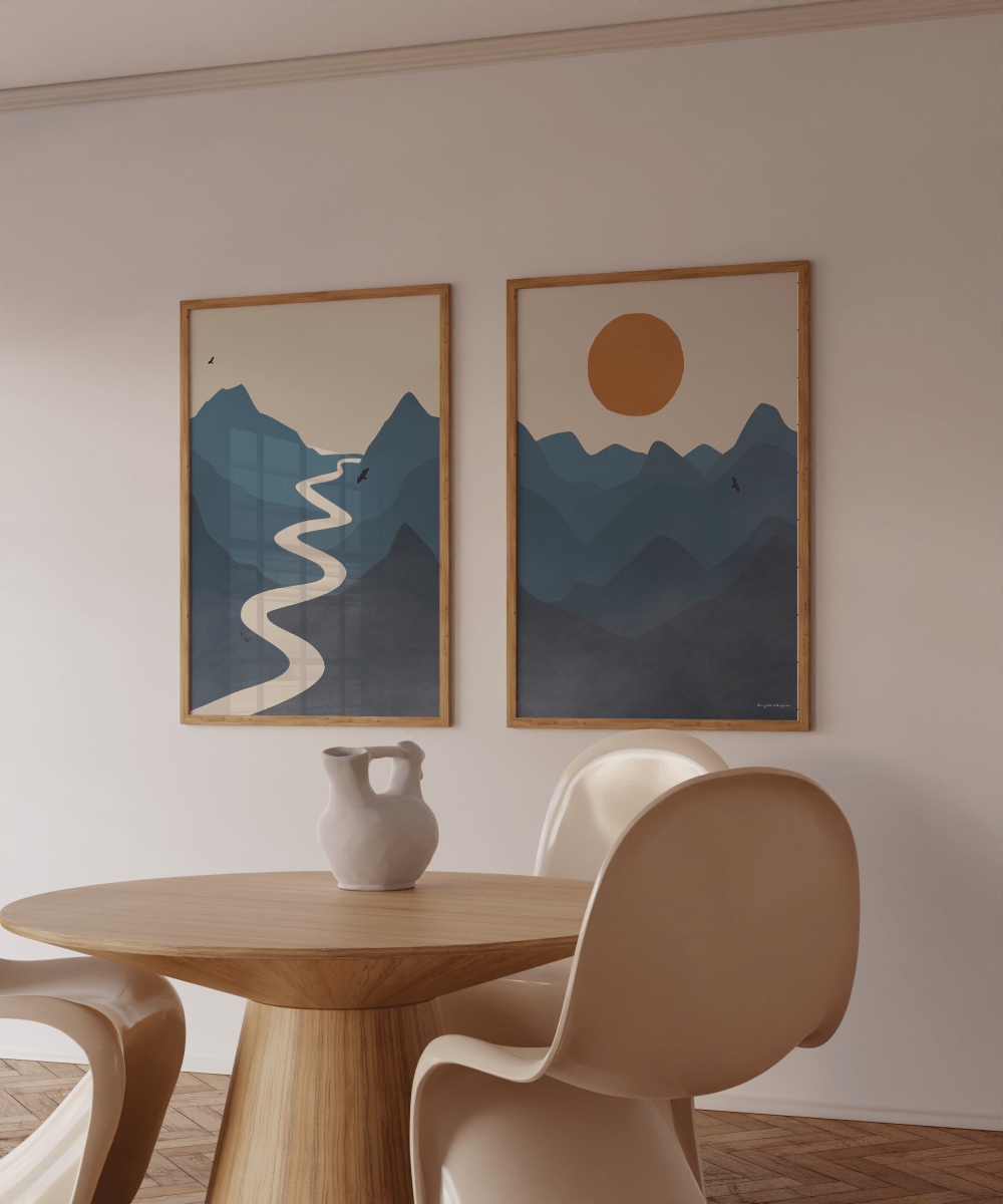 Japandi Tweeluik Poster – Rivier, Bergen & Zon