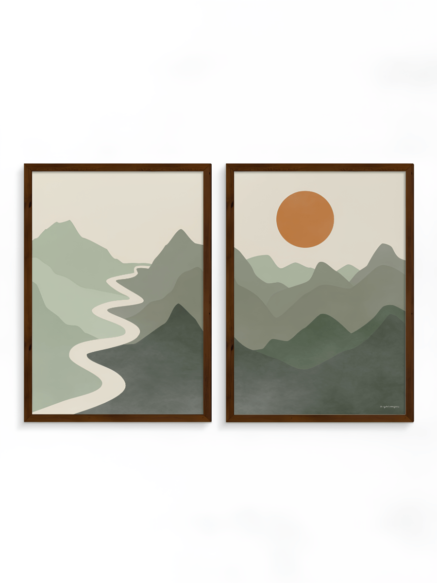 Japandi Tweeluik Poster – Rivier, Bergen & Zon