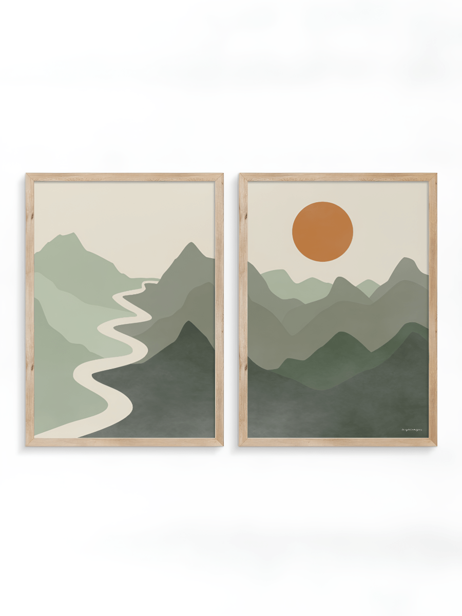 Japandi Tweeluik Poster – Rivier, Bergen & Zon