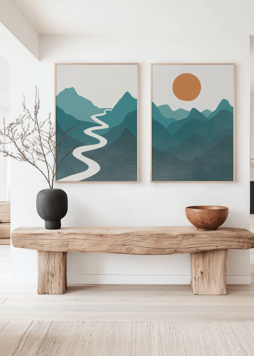 Japandi Tweeluik Poster – Rivier, Bergen & Zon