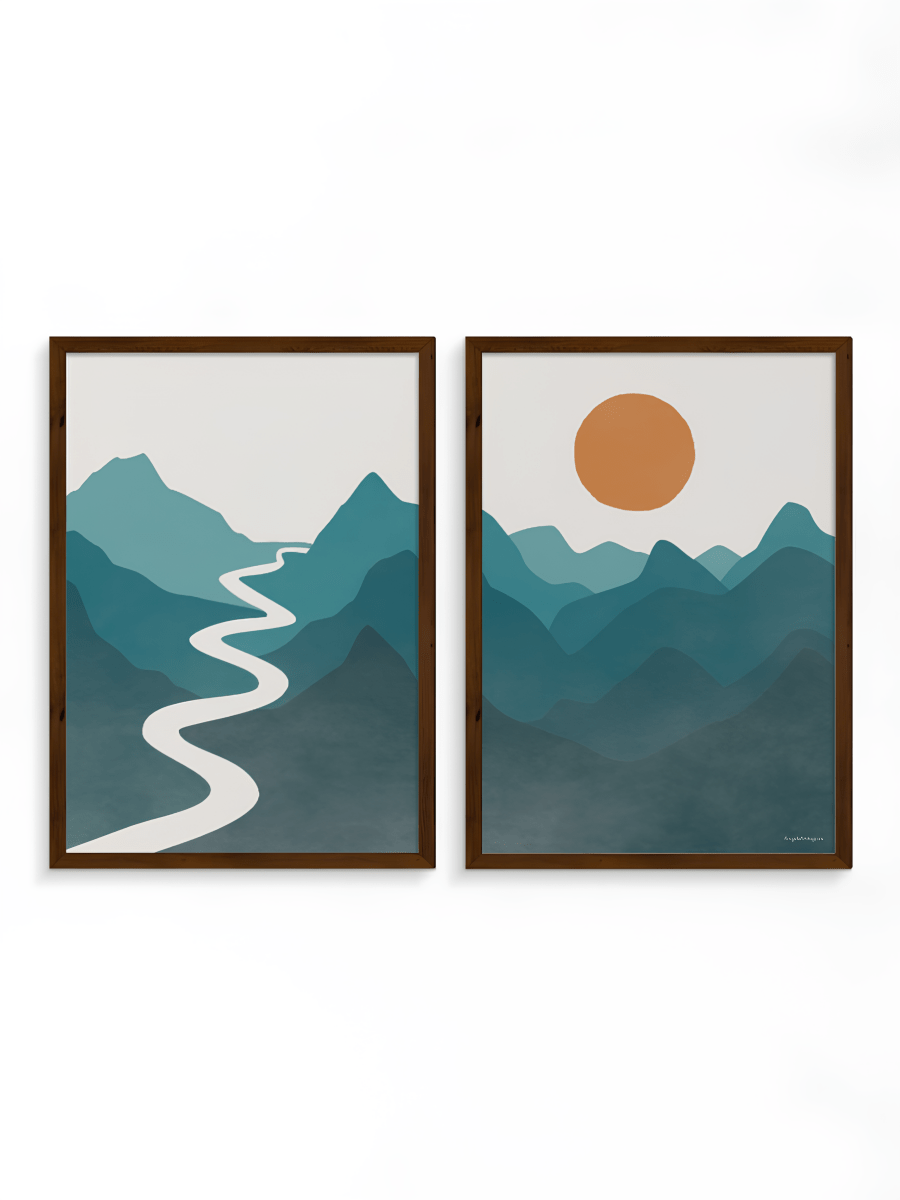 Japandi Tweeluik Poster – Rivier, Bergen & Zon